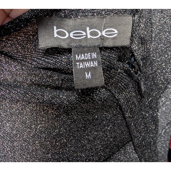 VTG Y2K Bebe Bandage Baddie Glam Black Silver Metallic Shimmer Zipper Dress Med - Picture 6 of 9